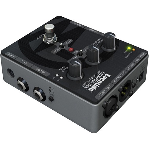 A compact and versatile microphone preamp with a variety of connectors, including a microphone input, a guitar input, an aux input, and a headphone output. The preamp also has an effects loop with a send and return, and a footswitch for controlling the loop.