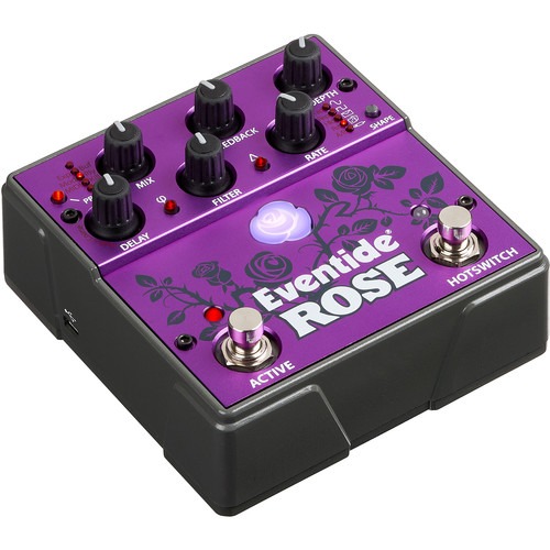 Top-down view of Eventide Rose Digital Delay Pedal, showcasing analog circuitry and tactile controls.