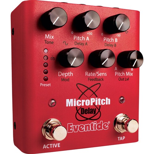 Frontal view of the Eventide MicroPitch Delay Stompbox Pedal, highlighting intuitive controls and LED display.