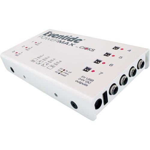 A sleek, black power supply with multiple outputs and a variety of connectors. The power supply has seven isolated outputs and a USB outlet. It also includes 13 flex cables and mounting hardware. This alt text provides a clear and concise description of the Eventide Powermax Maximum Fidelity 48W Multi-Pedal Power Supply, allowing visually impaired users to understand the product's features and functionality.