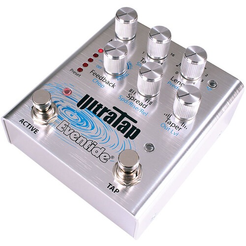 Top-down view of the Eventide UltraTap Multitap Effects Pedal, revealing intuitive controls and LED display.