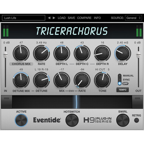 Frontal perspective of the Eventide TriceraChorus Effects Pedal, showcasing versatile controls and a distinctive design.