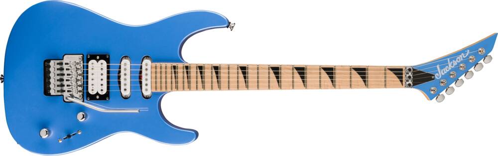 Striking front view of blue X SERIES DINKY® DK3XR M HSS, a guitar that marries sleek design with versatile sonic capabilities.