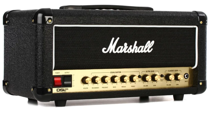 Frontal perspective of Marshall DSL20HR 20-watt Tube Head, a compact powerhouse for versatile tones.