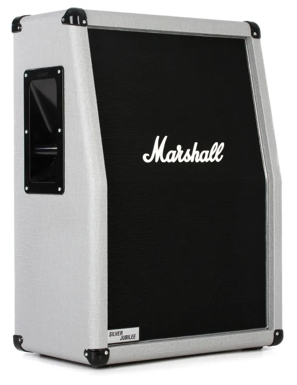 Frontal perspective of Marshall 2536A Silver Jubilee Cab 140-watt 2x12" Vertical Slant Extension Cabinet, an iconic stage presence.
