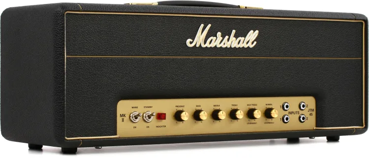 Side profile of Marshall JTM45 2245 30-watt Plexi Tube Head, showcasing vintage elegance and powerful performance.