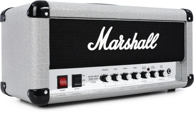 Frontal perspective of Marshall 2525H Mini Silver Jubilee 20/5-watt Tube Head, a compact powerhouse for iconic tones.