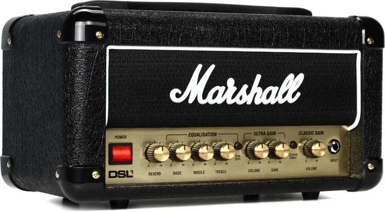 Frontal perspective of Marshall Amps DSL1H Tube Head, a compact powerhouse for versatile tones.
