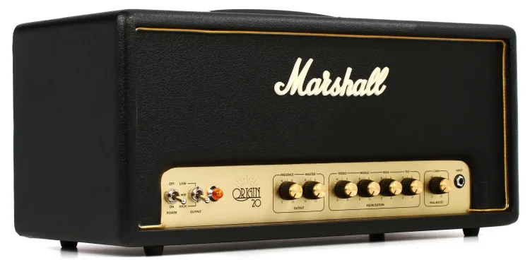 Frontal perspective of Marshall ORI20H Origin 20-watt Tube Head, a compact powerhouse for vintage-inspired tone.