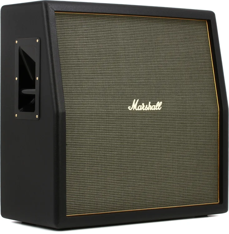 Frontal perspective of Marshall ORI412A Origin 240-watt 4x12" Slant Extension Cabinet, a sonic powerhouse with iconic slanted design.