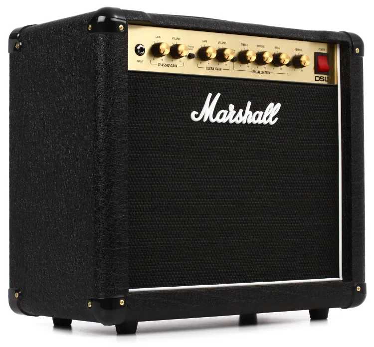 Frontal perspective of Marshall DSL5CR 1x10" 5-watt Tube Combo Amp, a compact powerhouse for classic tones.