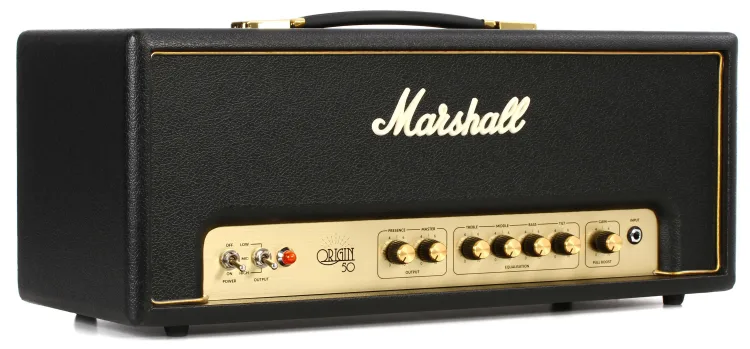 Frontal perspective of Marshall ORI50H Origin 50-watt Tube Head, a sonic powerhouse with vintage-inspired tone.