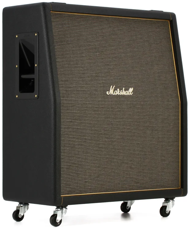 Frontal perspective of Marshall 1960TV 100-watt 4x12" Angled Extension Cabinet, an iconic presence in the world of amplification.